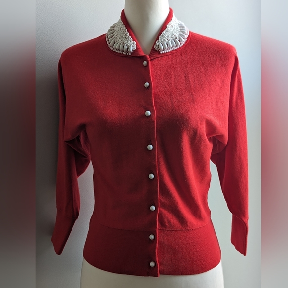 Red Cardigan with Beading on Collar Size S - Picture 7 of 11